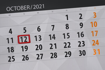Fototapeta premium Calendar planner for the month october 2021, deadline day, 12, tuesday