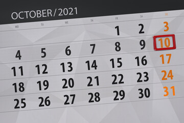 Obraz premium Calendar planner for the month october 2021, deadline day, 10, sunday