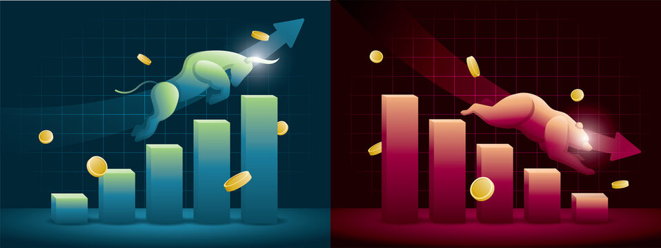 A Bull Is Running Up On Upturn Graph And A Bear Is Running Down On Downturn Graph. Bullish And Bearish Market Illustration Vector