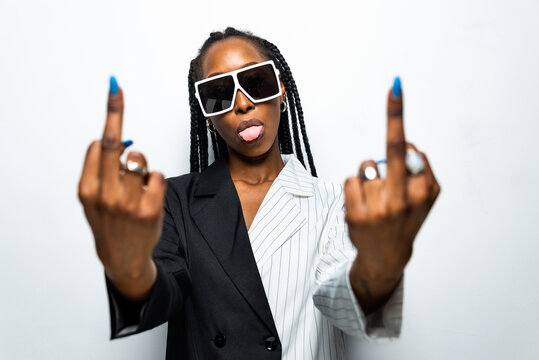 Beautiful afro woman with pigtails and stylish clothes