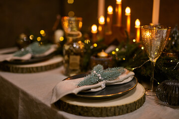 Christmas Table Setting and Holiday Night Decorations.