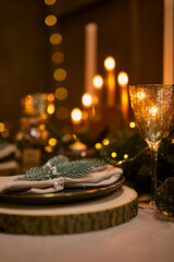 Christmas Table Setting and Holiday Night Decorations.