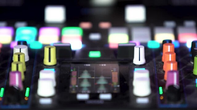 Close up of dj professional drum machine at the night club. Art. Buttons and controllers of a beat making machine.