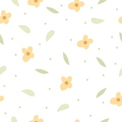 Seamless vector pattern with cute yellow flowers and green leaves
