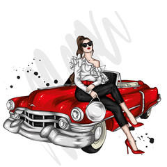 Fototapeta na wymiar Beautiful girl in stylish clothes and a retro car. Vintage. Fashion and style, clothing and accessories, makeup.
