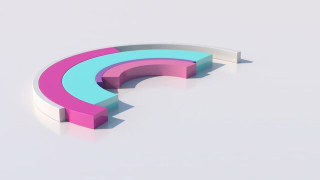 Colorful arcs morphing. White background, close-up. Abstract animation, 3d render.