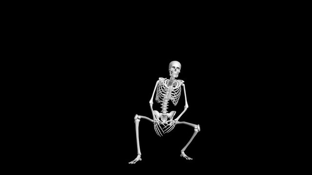 Skeleton animation while sitting. 3D animation of a skeleton. Skeleton emotions while sitting. Transparent background.