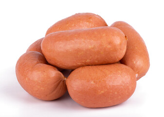 Group of raw sausages isolated on white background close up