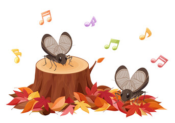 落ち葉と切り株の上で鳴く鈴虫のイラスト_秋_紅葉