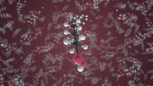 Hexanoic acid molecule made with balls, scientific molecular model. Chemical looping 3d animation