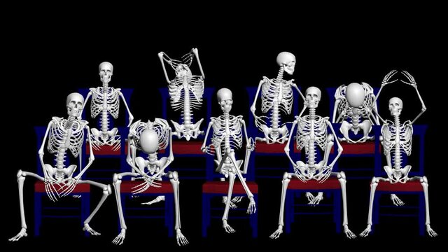 Theatre with 3D skeletons. Emotions of skeletons in the Theatre. 3D animation of skeletons. 3D video. Transparent background.