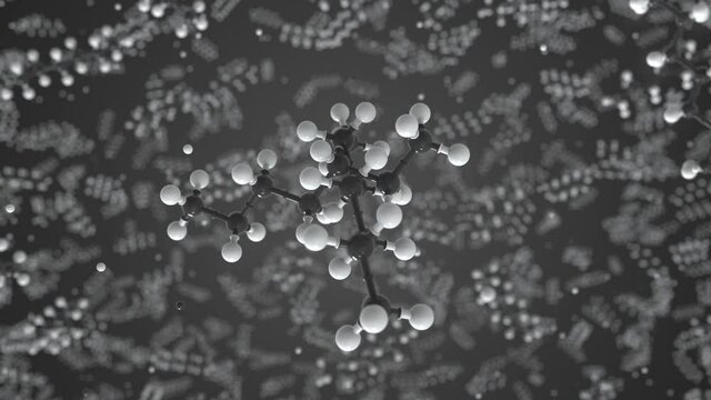 Heptane molecule made with balls, conceptual molecular model. Chemical looping 3d animation