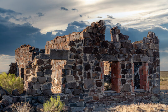 Stone Building Ruins In An Idaho Desert Summer