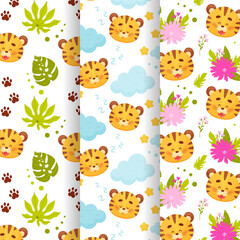 Naklejka premium Set of three cute cartoon baby tiger pups seamless patterns. Vector illustration