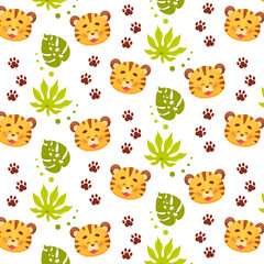 Cute cartoon baby tiger pups seamless pattern. Vector illustration