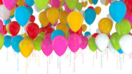 Colorful flying party balloons in a large group isolated on white background. Birthday Celebration 