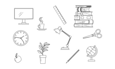 Set of objects for education, home office, distance learning. Vector illustration outline, style, white isolated background.