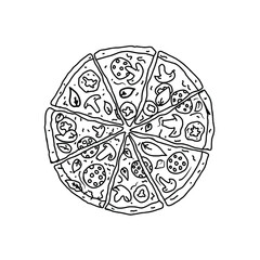 Pizza drawing, image for the menu. Cafe, pizzeria. Poster with slices of pizza.Black line drawing isolated on white .