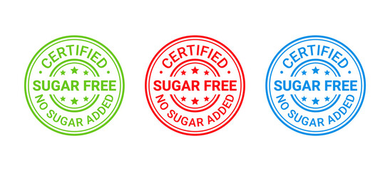 Sugar free stamp, icon. No sugar added label. Diabetic round imprint badge. Certified sticker. Green, red, blue seal marks isolated. Vector illustration. Emblem for package product on white background