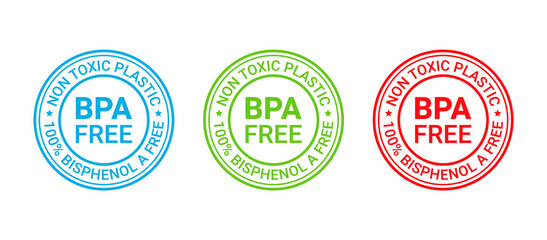 BPA free icon. Non toxic plastic label emblem. No bisphenol round stamp badge. Bisphenol A, phthalates free imprint for eco packaging. Seal mark isolated on white background. Vector illustration
