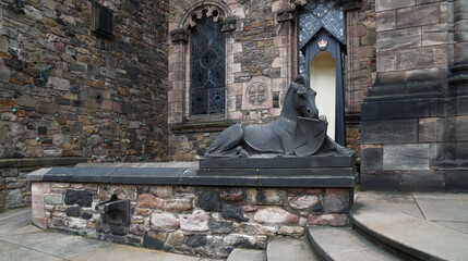 horse with shield statue in Scottish National War Memorial, Edinburgh castle, Scotland