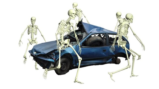 Crash of a car with 3D skeletons. Be careful while driving. 3D animation of skeletons.
