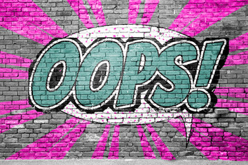 Oops! Comic Style Graffiti Lettering on Brick Wall 