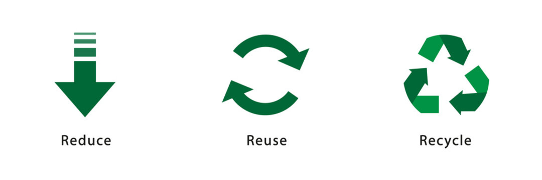 Conjunto de icono de reducir, reutilizar y reciclar. Concepto de cuidado y protección del medio ambiente. Ilustración vectorial, estilo silueta verde