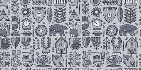 Naklejka premium Nordic Ornament. Forest Animals, Folk Background. Seamless pattern for your design