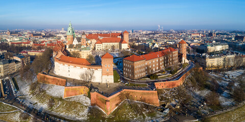 Krakow. Poland.  Aerial skyline panorama  of old town with Wawel cathedral and castle in winter....