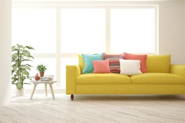 White living room with sofa. Scandinavian interior design. 3D illustration