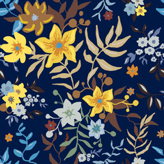Tropical seamless floral pattern. Colorful graphic floral vector seamless pattern on a blue background. Stylized hand-painted garden lily and exotic flower texture. Fashionable foliage print. Vector