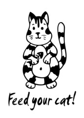 A funny hand-drawn cat character, a fat kitty holding a fishbone, Feed your cat reminder card