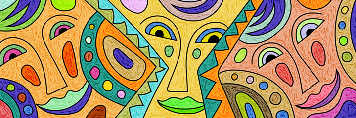 Funny mask, abstract people, clowns. Bright vector banner.