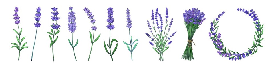 Hand drawn lavender. Colored flower, stems and bouquet of odorous garden plants. Herbal tea and floral cosmetics elements set graphic template. Vector violet blossom twigs or wreath