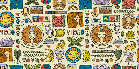 Virgo Zodiac Sign. Seamless pattern with design elements