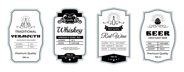 Vintage alcohol label. Minimalistic stickers for whiskey and beer bottles. Wine or vermouth branding emblems. Drinks stamps layout with abstract ornament elements. Vector tags design set