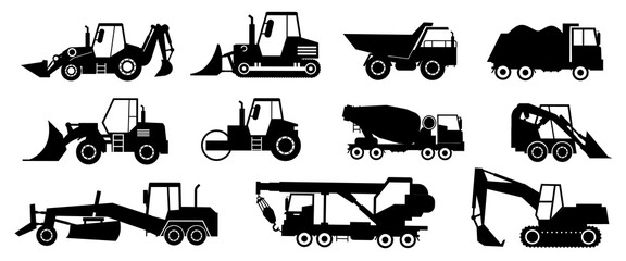 Black construction trucks. Heavy industrial vehicles silhouettes. Working transport set for earthwork, lifting and transportation. Bulldozer or cargo lorry. Vector excavator and crane