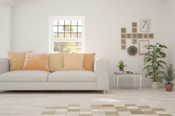 Stylish room in white color with sofa. Scandinavian interior design. 3D illustration