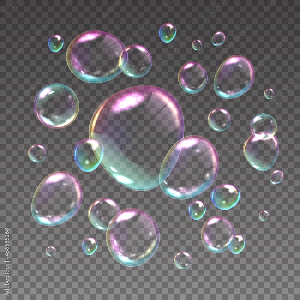 Poster Flying soap bubbles. Realistic iridescent spheres with rainbow reflections. 3D shampoo balls floating on transparent background. Shiny detergent circles templates. Vector soapy foam