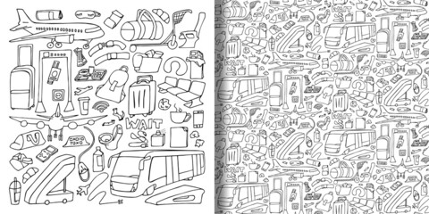 Airport hand drawn doodle set and seamless pattern