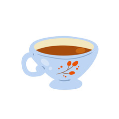 Funny Cup of tea or coffee. Cute cozy drawing. Breakfast and kitchenware with hot drink. Flat drawn cartoon