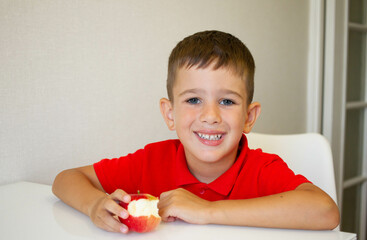Portrait of small little boy four years old eating an apple fruit by the table at home