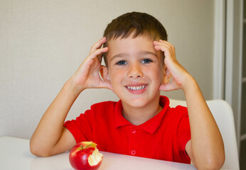 Portrait of small little boy four years old eating an apple fruit by the table at home