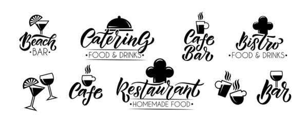 Vector template of catering, bar, cafe, bistro restaurant logo. Hand sketched logotype lettering typography. Catering outdoor events and restaurant service logo isolated on background. Vector
