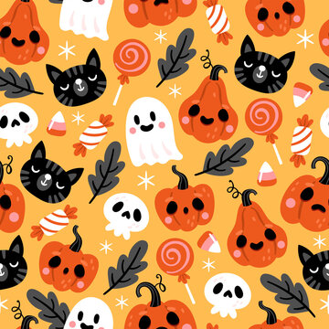 Seamless pattern for Halloween holiday with pumpkin, black cat, ghost and skull. Childish background for fabric, wrapping paper, textile, wallpaper and apparel