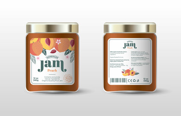 Peach jam. Label for jar and packaging. Whole and cut fruits, peach seeds, leaves and flowers, text, stamp(sugar free).