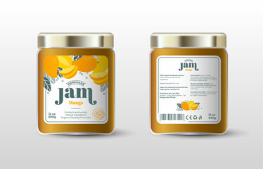 Mango jam. Label for jar and packaging. Whole and cut fruits, leaves and flowers, text, stamp(sugar free).