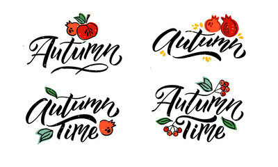 Autumn vector illustration with lettering typography of autumn. Autumn icon, badge, poster, banner with signature. Apple, leaves, pomergranate. Autumn template for postcard, invitation, card
