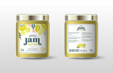 Starfruit (carambola) jam. Label for jar and packaging. Whole and cut fruits, leaves and flowers, text, stamp (sugar free). Emblem for jam, sweet , preserved food. Label, packaging for organic product